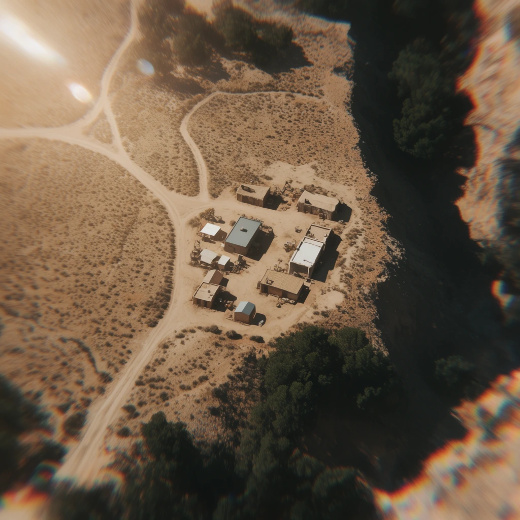 top-down aerial view of an isolated desert compound, small buildings, winding dirt roads, dry scrubland, deep ravine shadow, dark green trees, cinematic lens flare, chromatic aberration, heavy edge blur