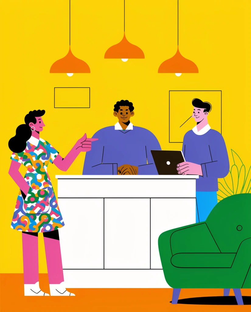 flat vector illustration, three figures at a white kiosk in a bright yellow room, person in patterned dress pointing, man holding laptop, orange pendant lights, green armchair, corporate memphis style, exaggerated proportions, bold solid colors