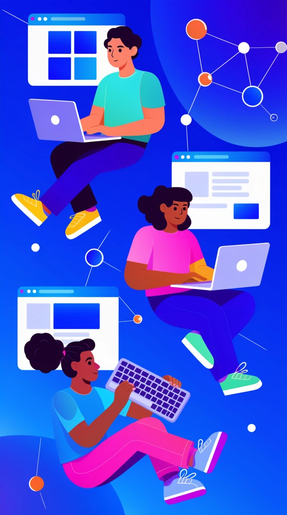 three floating characters holding laptops and a keyboard, vivid blue gradient background, floating browser windows, network nodes, flat vector tech illustration, vibrant neon colors