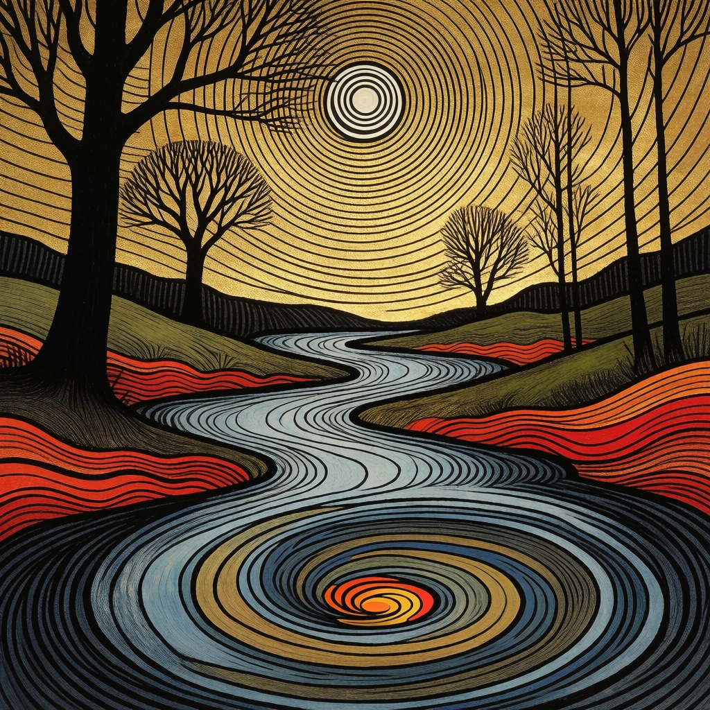 A stylized vertical landscape depicts a winding river flowing under a golden sky filled with rhythmic, concentric circular patterns. In the upper center, a celestial body represented by concentric circles of white and black acts as the focal point from which numerous black lines radiate across the golden-yellow sky. Silhouetted black trees with bare, intricate branches frame the scene, with one large, thick trunk on the left and several smaller, thinner trees on the right. Below the horizon, a light blue-grey river winds through the center of the image, its surface defined by flowing black contour lines. The river's path leads to a large, swirling vortex in the foreground, where the water patterns turn into concentric circles of blue, grey, and ochre with a touch of orange and yellow at the very center. On either side of the river, green and brown slopes are bordered by vibrant, wavy horizontal bands of red and orange near the bottom edges. The overall artistic style features heavy black linework, a bold color palette of gold, black, blue, and red, and a textured aesthetic reminiscent of a woodblock print or stained-glass window. The composition is vertically oriented with a strong sense of movement created by the repetitive, curving lines throughout the sky and water.