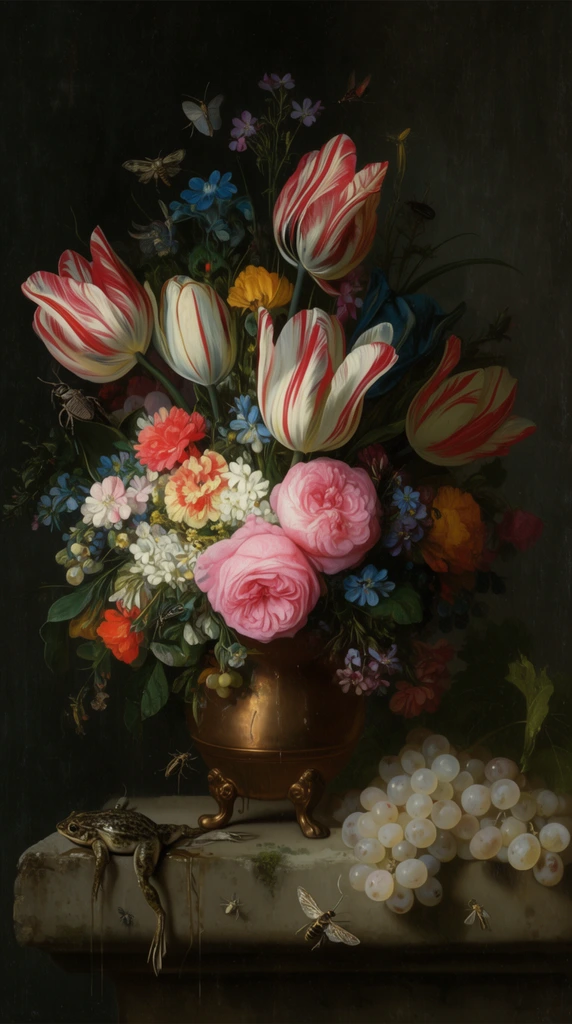 classical still life painting, lush floral bouquet with striped tulips and pink roses in a bronze claw-foot vase, dead frog and white grapes on a stone ledge, insects, dark moody background, chiaroscuro lighting