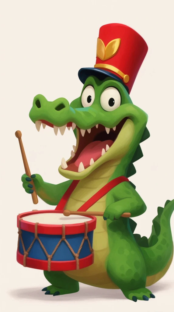 stylized green cartoon crocodile enthusiastically playing a snare drum, wide open mouth, red marching band hat with gold emblem, holding wooden drumsticks, blue drum with red rims and brown ropes, soft digital painting, smooth painterly shading, solid off-white background, 2D character concept art