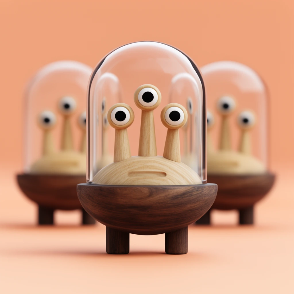 A sharply focused 3D-rendered wooden toy stands on a seamless peach backdrop, with two identical blurred figures behind. It features a glass dome housing three stalk-eyes, resting on a dark wood base with short legs.