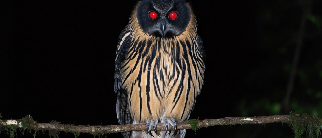 An imposing owl with glowing red eyes and a starkly striped tan and black chest perches on a thin, mossy branch against a pitch-black void. Harsh flash lighting illuminates the bird's dark facial disk, sharp talons, and intricate plumage, creating a high-contrast nocturnal wildlife photograph.