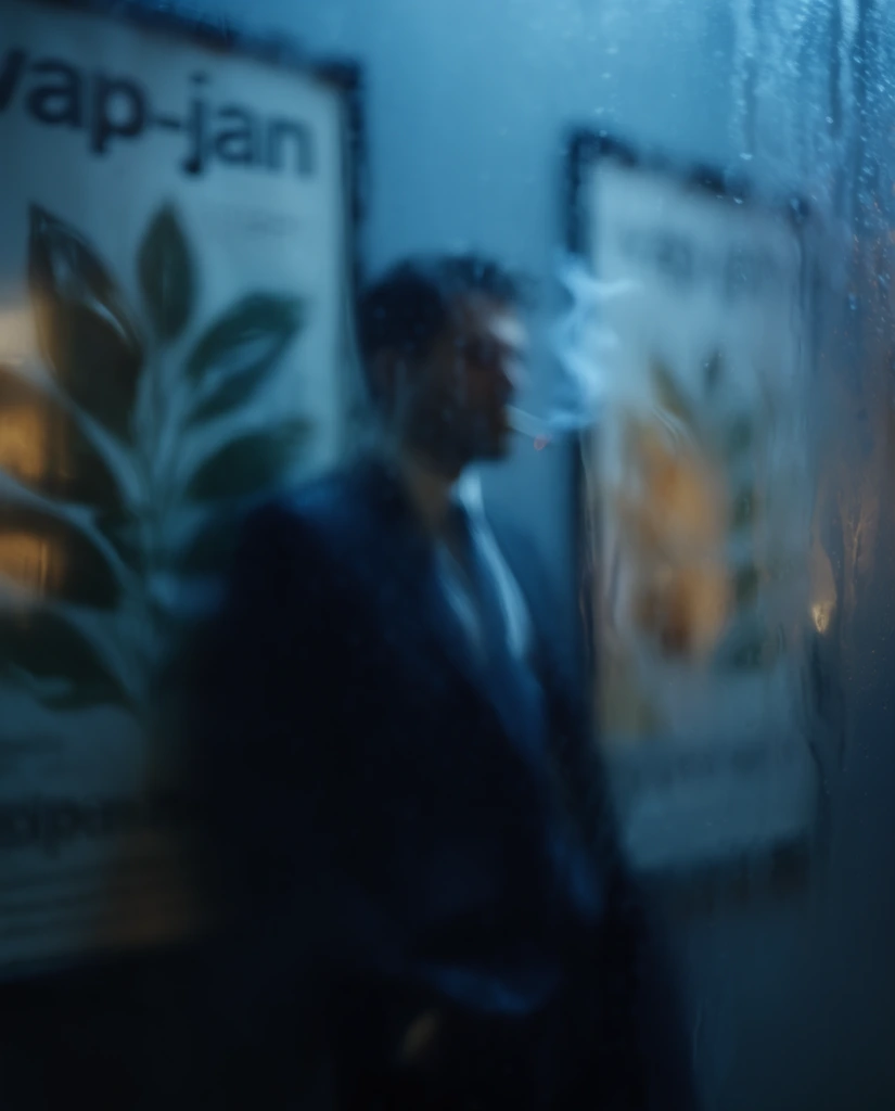 A highly obscured, out-of-focus view through rain-streaked glass of a man in a suit smoking a cigarette, leaning against a wall with framed posters. The man appears as a dark, heavily blurred silhouette within a dim, cinematic environment. A soft, indistinct ribbon of smoke curls upward from the barely visible tip of his cigarette. Behind him, the wall features framed posters displaying smeared, distorted leaf motifs and heavily diffused typography reading 'vap-jan'. Extreme foreground condensation, running water droplets, and smudged textures completely coat the intervening glass barrier, reducing the subjects and background to dreamlike, impressionistic shapes. Deep, atmospheric cyan, navy blue, and cool azure tones dominate the color palette, establishing a moody environment punctuated by isolated, blurred streaks of warm amber light reflecting off the wet surfaces. The intense optical blur and heavy vignetting dissolve sharp edges, blending the dark, soft form of the suited man with the thick, watery textures of the heavily diffused lens effect.