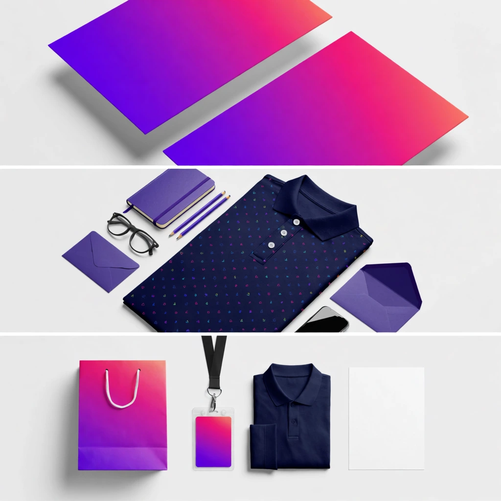 three-panel corporate identity mockup on a light gray background, top section featuring floating rectangular cards with vibrant purple to pink gradients, middle section displaying an angled flat lay of a navy blue polo shirt with tiny colorful geometric shapes, purple notebook, pencils, black-framed eyeglasses, open envelope, sleek smartphone, bottom section showcasing an aligned grid of a gradient shopping bag, identification badge on a black lanyard, folded apparel, blank stationery, soft diffuse studio lighting, crisp drop shadows, minimalistic commercial product photography