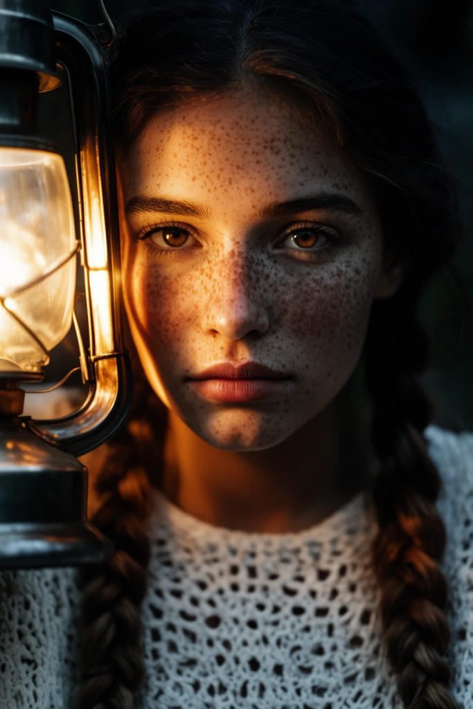 close-up portrait of a young woman with dense freckles, brown eyes gazing directly forward, two thick hair braids, white crocheted sweater, glowing metal lantern on the left casting warm directional light, high contrast chiaroscuro illuminating her face, dark blurred background, shallow depth of field, cinematic photography