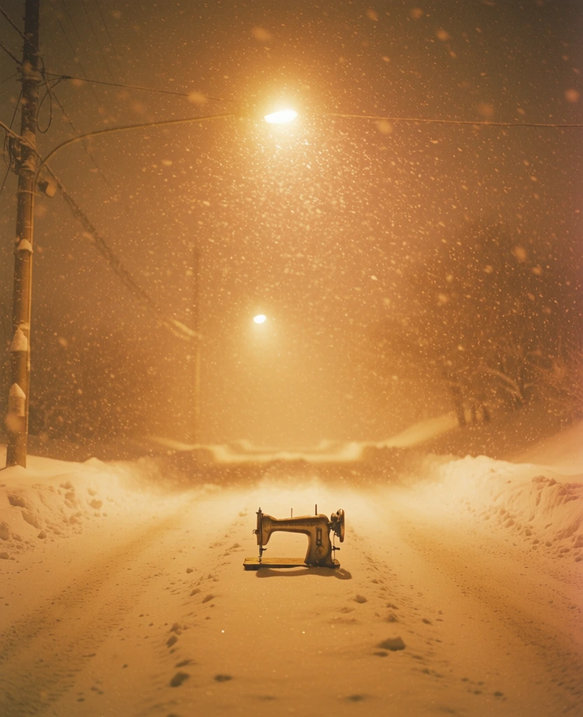 a single vintage metal sewing machine centered on a snowy road, heavy snowfall blizzard catching light, illuminated by a high-contrast warm orange sodium street lamp glowing from above, nostalgic lo-fi film grain, cinematic liminal space aesthetic, utility pole with tangled wires on the far left, soft tire tracks leading through deep snow, monochromatic amber color palette, hazy atmospheric glow, moody nighttime setting, high iso texture, soft focus blurring distant trees.