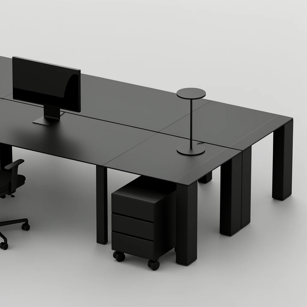 high-angle isometric view of a minimalist matte black modular desk system, light gray studio floor, long segmented rectangular workspace, thick block legs, single black computer monitor, ultra-thin circular desk lamp, partially visible rolling office chair, freestanding three-drawer rolling cabinet, rigid geometric forms, clean orthogonal lines, soft diffused overhead lighting, subtle drop shadows, stark monochromatic contrast, pristine architectural visualization style
