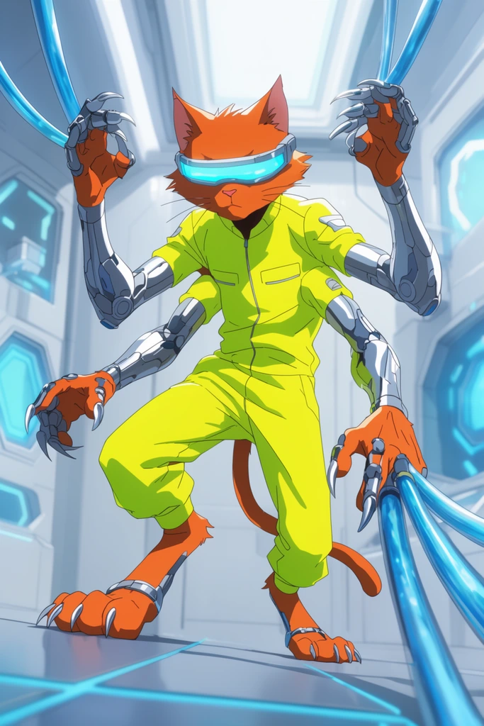 lanky multi-armed feline humanoid, bright orange fur, glowing cyan visor, neon yellow jumpsuit, four slender cybernetic arms with silver joints, sharp metallic claws, gripping blue plasma conduits, dynamic low-angle perspective, pristine futuristic laboratory, sterile white walls, glowing hexagonal panels, cool cyan lighting, vivid cel-shaded animation aesthetic