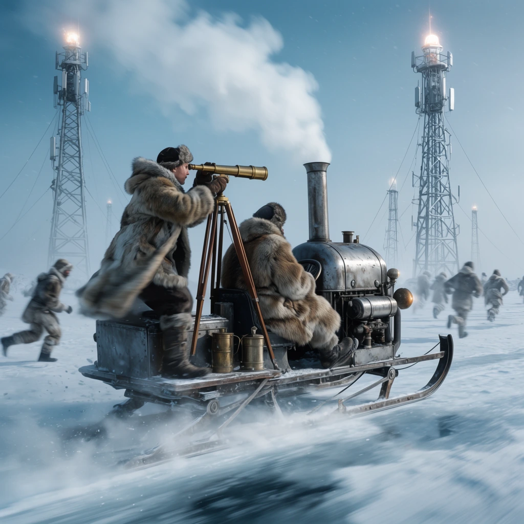 steam-powered metal sled speeding across a frozen tundra, surveyor on the rear platform peering through a large brass telescope, driver in a thick fur coat, intense motion blur, snow and steam kicking up, tall metallic transmission towers in the background topped with glowing beacons, figures in arctic gear running, cinematic wide shot, pale blue color palette, dynamic movement