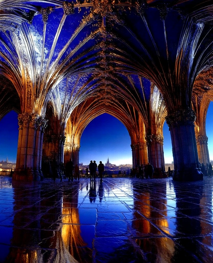 low-angle view of a grand vaulted ceiling with intricate ribbing glowing in intense burnished gold against deep cobalt shadows, polished stone paved floor reflecting the architecture in liquid symmetry, a central archway framing a distant silhouetted cityscape under a vibrant deep blue twilight sky, small figures appearing as dark silhouettes, high-contrast hyper-real aesthetic, saturated color palette of electric blue and warm metallic amber, dramatic low-key lighting, sharp textures