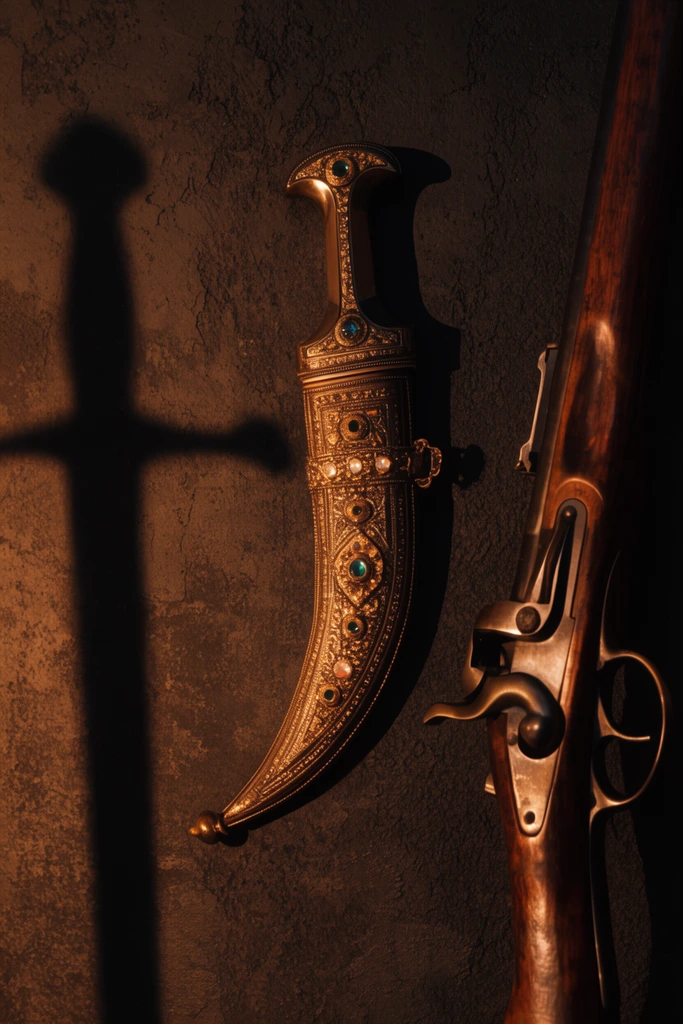 An ornate curved dagger with a gold jewel-encrusted sheath hangs on a dark textured wall next to a partially visible antique rifle. A large faint shadow of a sword stretches across the rough plaster to the left. Warm cinematic lighting creates deep brown and amber tones, emphasizing sharp shadows and a moody mysterious atmosphere.