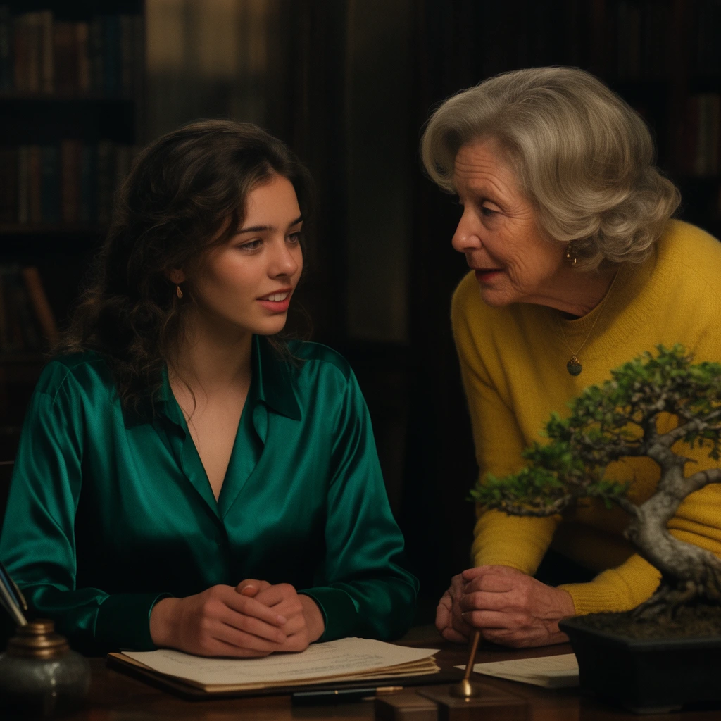 two women conversing at a desk, young woman in emerald silk, older woman in yellow sweater leaning in, bonsai tree, dimly lit study, cinematic lighting, medium shot
