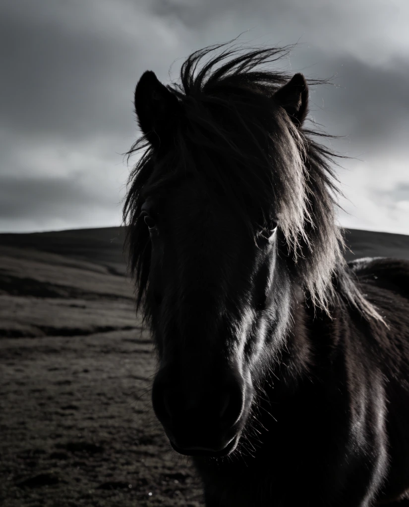 A dark horse with a thick, wild mane stands in a barren landscape beneath a dramatic overcast sky. High-contrast monochromatic lighting casts the face in deep shadow while crisp edge light illuminates the wind-blown hair. Bare rolling terrain stretches behind the animal in this moody atmospheric close-up portrait highlighting stark natural silhouettes.