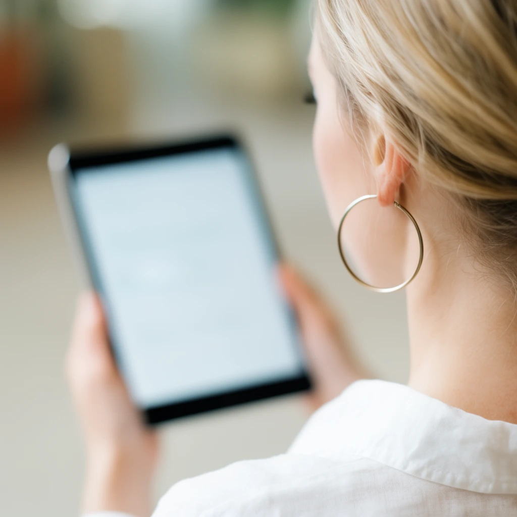 over-the-shoulder shot of a woman holding a tablet, light blonde hair, large thin hoop earring, white shirt, heavily blurred background, shallow depth of field, soft diffused lighting