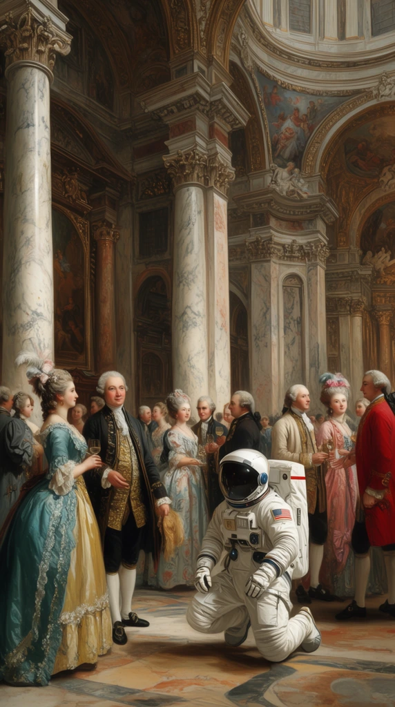 lavish baroque cathedral interior, towering marble columns, groups of elegant 18th-century aristocrats mingling, a modern astronaut in a white spacesuit kneeling in the center foreground, classical oil painting style, wide angle perspective, dramatic lighting