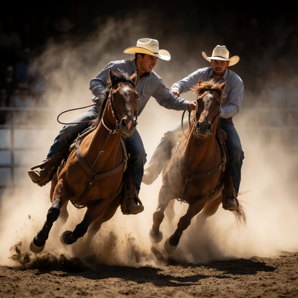low angle action shot of a cowboy riding a galloping horse and leading another, thick dust kicking up in a dirt arena, dramatic lighting, dynamic motion
