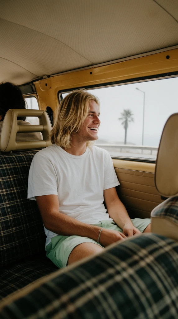A young man with shoulder-length blonde hair sits in a vintage vehicle, smiling broadly out the side window. He wears a white t-shirt, light green shorts, and a thin string bracelet, with his arms resting casually in his lap. The interior features retro dark plaid seats with tan vinyl headrests and yellow-toned paneling. The top of another person's dark hair is partially visible in the front passenger seat. Through the rectangular window, a hazy coastal road with a palm tree silhouette and a street lamp is visible. The candid lifestyle photograph features warm natural daylight, a slightly desaturated nostalgic color palette, and a shallow depth of field that heavily blurs the plaid front seat in the immediate foreground.