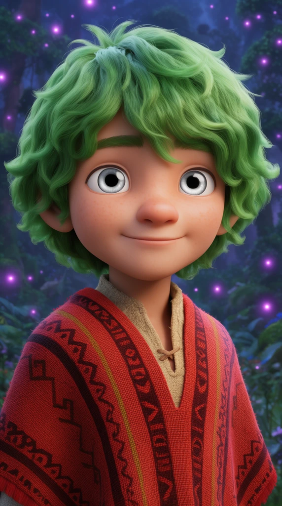 close-up portrait of a young boy, wavy bright green hair, piercing silver eyes, gentle smile, thick woven red poncho with geometric patterns, high-quality 2D animation, twilight forest canopy background, glowing purple fireflies, soft lighting