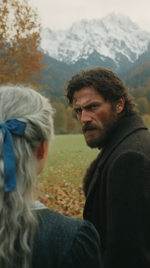 cinematic over-the-shoulder shot, rugged bearded man in dark wool coat looking intensely, woman facing away with silver hair and blue ribbon, meadow with autumn leaves, snow-capped mountains, vintage 35mm film