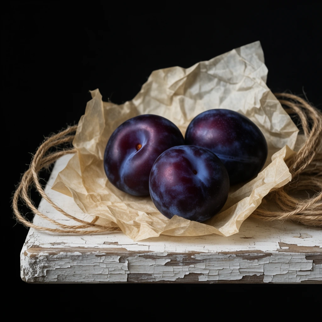 Three dark purple plums with a powdery matte bloom rest on crumpled parchment paper atop a distressed, peeling white wooden shelf. Loosely coiled rustic twine surrounds the arrangement. Directional chiaroscuro lighting highlights the tactile textures of wrinkled paper and weathered wood against a solid black background.