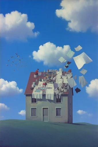 Vintage Surrealist Dreamscapes style reference image — clear blue sky