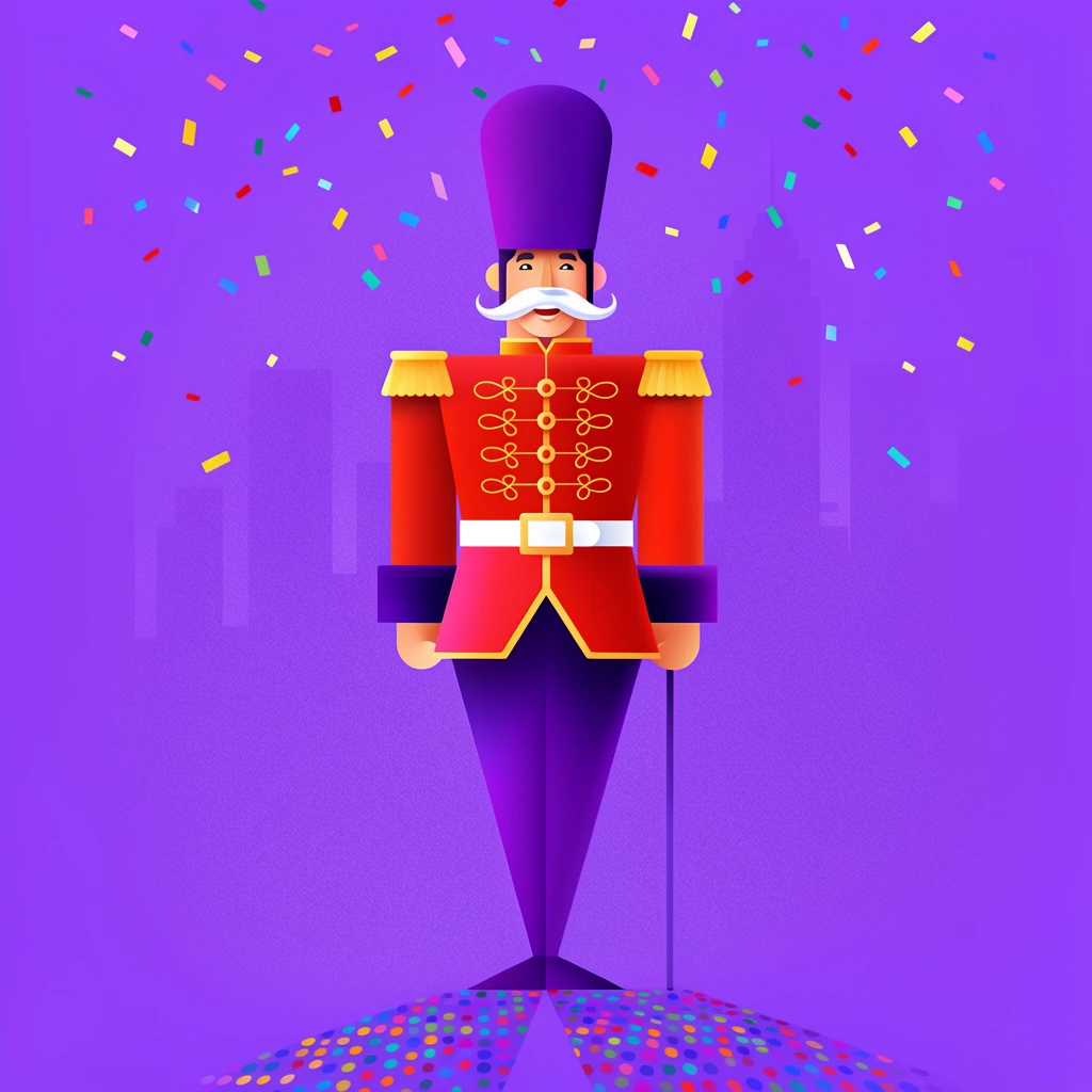 A geometric vector illustration of a smiling toy soldier with a white handlebar mustache and a tall purple hat. He wears a red tunic with gold braiding, a white belt, and sharply tapered purple pants, holding a thin baton. Multicolored confetti falls against a vibrant purple background featuring faint skyscraper silhouettes and colorful dotted shadows, rendered with soft gradients and a grainy texture.