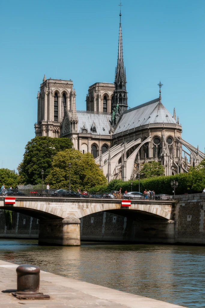 A majestic Gothic cathedral with twin square towers, ornate flying buttresses, and a soaring central spire rises above lush trees against a clear blue sky. A multi-arched stone bridge featuring red and white rectangular markers spans a rippling river in the foreground, carrying pedestrians and vehicles. Bright natural sunlight highlights the weathered masonry and pitched grey roof. Captured from a low angle on a paved riverbank, a metal mooring bollard anchors the bottom left corner, leading the eye across the calm water toward the grand architecture.