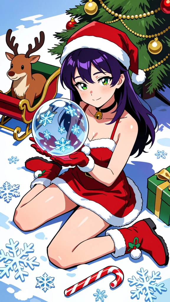 An anime-style girl with dark purple hair and green eyes sits on a snowy ground dressed in a festive Santa-inspired outfit. She wears a red mini-dress with white fur trim, a matching red Santa hat, red gloves, and red boots adorned with white fur and small pom-poms. A black choker with a small gold bell sits around her neck. She holds a large, transparent globe between her hands that contains several blue snowflakes of various sizes. To her left, a brown reindeer sits inside a small red and gold sleigh. In the upper right corner, a decorated Christmas tree with green needles is adorned with gold bead garlands and spherical gold and red ornaments. Beside her on the right sits a green gift box tied with a gold ribbon. On the ground in front of her lies a red and white striped candy cane amidst several large, stylized white snowflakes scattered across the snow. The scene is captured from a high-angle perspective, showing the girl looking up with a gentle smile. The lighting is bright and direct, casting sharp shadows on the snow and creating vibrant highlights on her purple hair and fair skin. The illustration features clean line art and a vibrant color palette dominated by red, white, and green, characteristic of a digital anime art style.