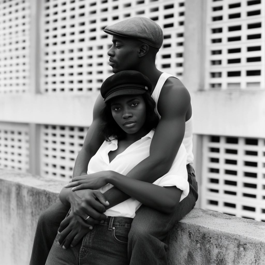 black and white photograph, Black couple embracing on a concrete ledge, man in profile wearing a flat cap and tank top wrapping arms around a woman, woman looking directly at camera wearing a dark cap and white shirt, intertwined hands, building with patterned ventilation blocks in background, natural lighting