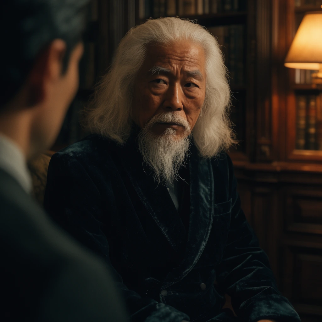 An elderly Asian man with long white hair and a dark velvet smoking jacket gazes intensely past a blurred foreground figure. Warm directional lighting casts deep shadows on his face in a dimly lit, wood-paneled library, framed in a cinematic style with shallow depth of field.