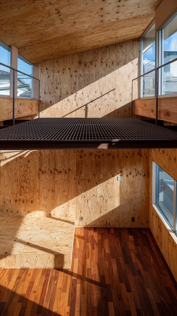 high-angle interior of an architectural space clad entirely in raw knotted plywood, slanted ceiling, clerestory windows revealing blue sky and rooftops, bright sunlight casting stark geometric shadows across the wooden walls and a raised platform, dark metal grate walkway suspended overhead, lower level with rich hardwood flooring and a side window, warm textural contrast, sharp focus architectural photography