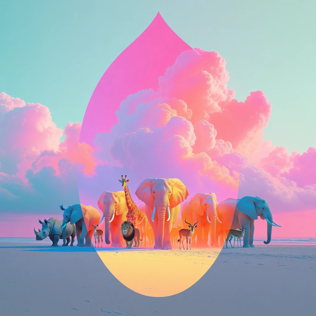 surreal minimalist composition, majestic elephants and diverse wildlife centered within a sleek pointed oval border, ethereal color palette of cool cyan and teal skies set against giant puffy neon pink cumulus clouds, intense warm orange internal glow radiating from the animal subjects, vast monochromatic beach landscape, atmospheric dreamlike lighting, high contrast cinematic aesthetics, clean lines, polished cgi execution, serene vaporwave vibes