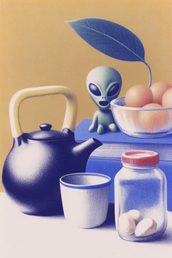 Stippled Risograph Surrealism style reference image — stipple shading
