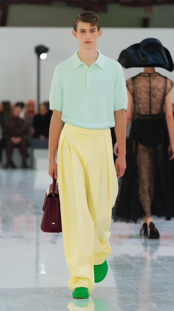 fashion model walking forward on a reflective marble runway, pastel mint polo shirt, pale yellow baggy pleated trousers, bright green shoes, burgundy structured handbag, second model walking away in a sheer black lace dress and large black sculptural hat, blurred seated audience, modern minimalist architectural space, bright diffused lighting, full-body fashion photography, shallow depth of field
