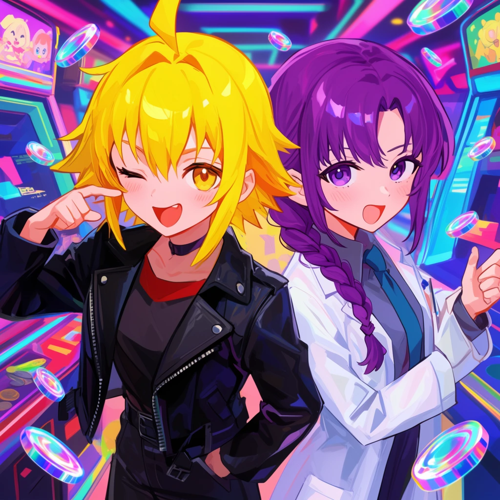 two anime girls, left girl with spiky yellow hair in black biker jacket winking, right girl with braided purple hair in white lab coat, neon arcade interior, falling holographic tokens, vibrant saturated colors, dynamic framing, expressive digital illustration