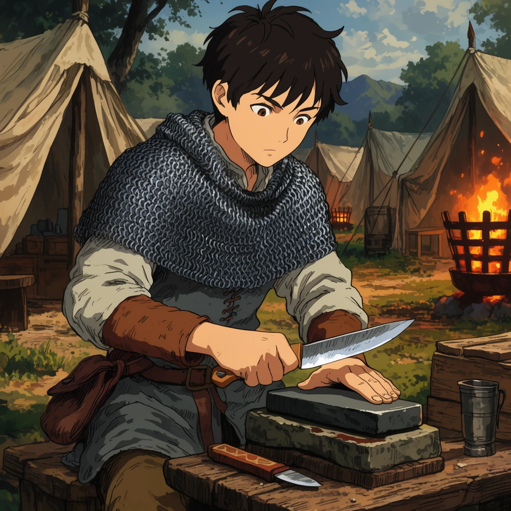 anime illustration, young adventurer in chainmail mantle sharpening a knife on a whetstone, medieval campsite background, canvas tents, glowing brazier, detailed linework, earthy tones