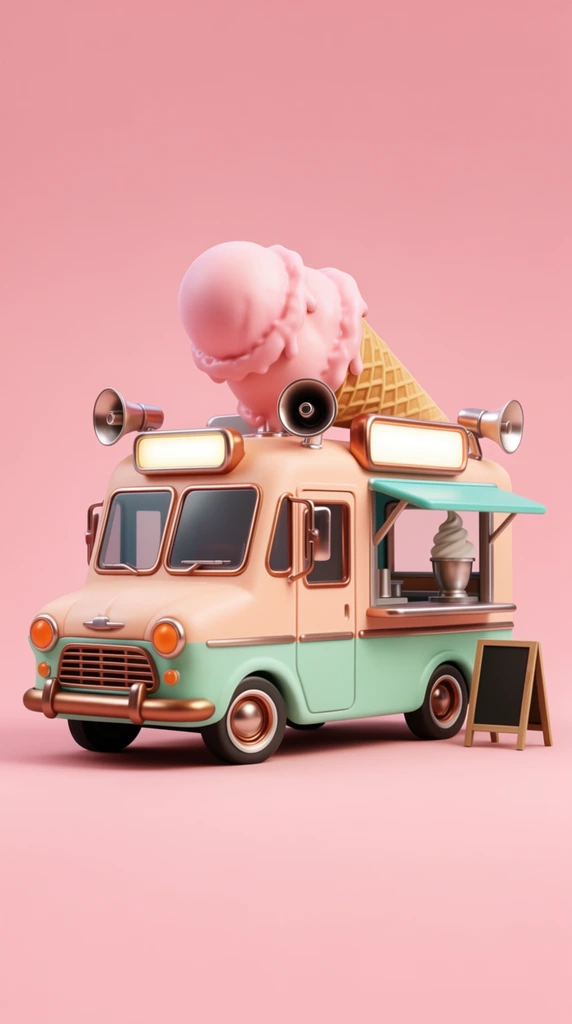 A 3D-rendered, vintage-style food truck painted in pastel peach and mint green rests against a seamless solid pink background. The roof is topped with a massive, melting two-scoop pink frozen dessert resting horizontally in a waffle cone, flanked by metallic megaphone speakers and illuminated rectangular roof signs. The vehicle features a rounded hood, bronze-toned bumpers, circular orange headlights, and copper-colored window frames. An open serving window on the side is protected by a small teal awning, revealing a soft-serve dispenser inside. A wooden A-frame chalkboard stands on the ground beside the window. The composition resembles a designer vinyl toy diorama, characterized by smooth matte textures, soft studio lighting, and a polished contrast between the pastel body panels and highly reflective metallic hardware.