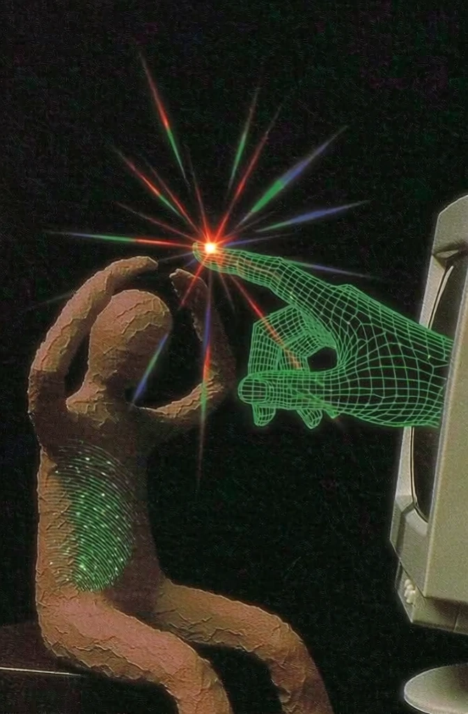 vintage 1980s analog tech aesthetic, seated handmade clay figurine with one arm raised toward its head, tactile clay texture with visible fingerprints, interacting with a glowing green vector wireframe hand reaching from a beige crt monitor, central point of contact featuring a vibrant prismatic starburst flare with sharp colorful rays, deep black void background, heavy film grain, soft glow, scanline textures, lo-fi nostalgic photography, retro-futurist composition.
