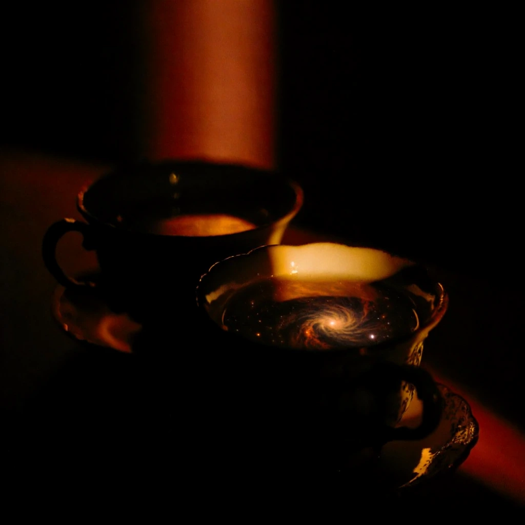 cinematic chiaroscuro photography of a ceramic tea set, extreme high contrast with deep crushed blacks and a sharp vertical sliver of warm amber light, macro close-up, ornate teacups filled with liquid revealing swirling cosmic nebulae and star-filled galaxies, dramatic side lighting casting long shadows, moody atmospheric glow in shades of burnt orange and deep red, ethereal glowing celestial patterns, minimalist and mysterious aesthetic