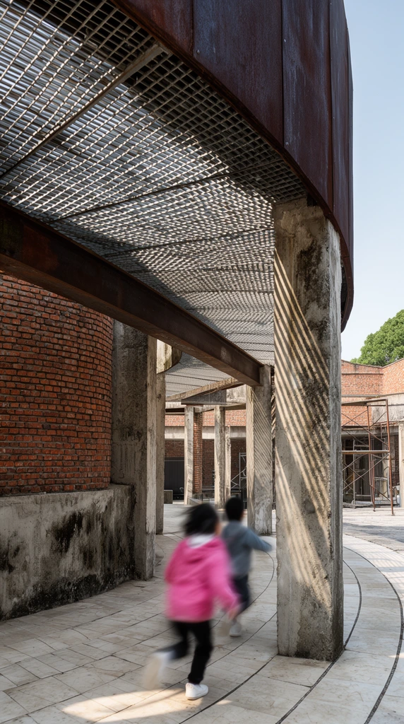 Two intensely blurred figures sprint through a rugged architectural pavilion defined by raw textures and geometric light. Thick, weathered concrete pillars support a massive upper volume clad in dark, rusted metal plates. A sweeping canopy of gridded metal grating filters direct sunlight, casting striking, diagonal striped shadows down the vertical concrete columns and across the pale stone floor tiles arranged in concentric arcs. To the left, a large curving wall constructed of textured red brick sits on a heavily stained concrete base. In the foreground, a motion-blurred child wearing a bright pink jacket, dark pants, and white shoes dashes away, trailed closely by a second blurred child in a grey-blue top. A thick, oxidized steel I-beam spans diagonally beneath the grating. Beyond the structure, the background opens to a sunlit courtyard featuring additional brick facades, metal scaffolding, a distant green tree canopy, and a clear pale blue sky, contrasting the brutalist industrial aesthetic of the static environment with the kinetic energy of the figures.