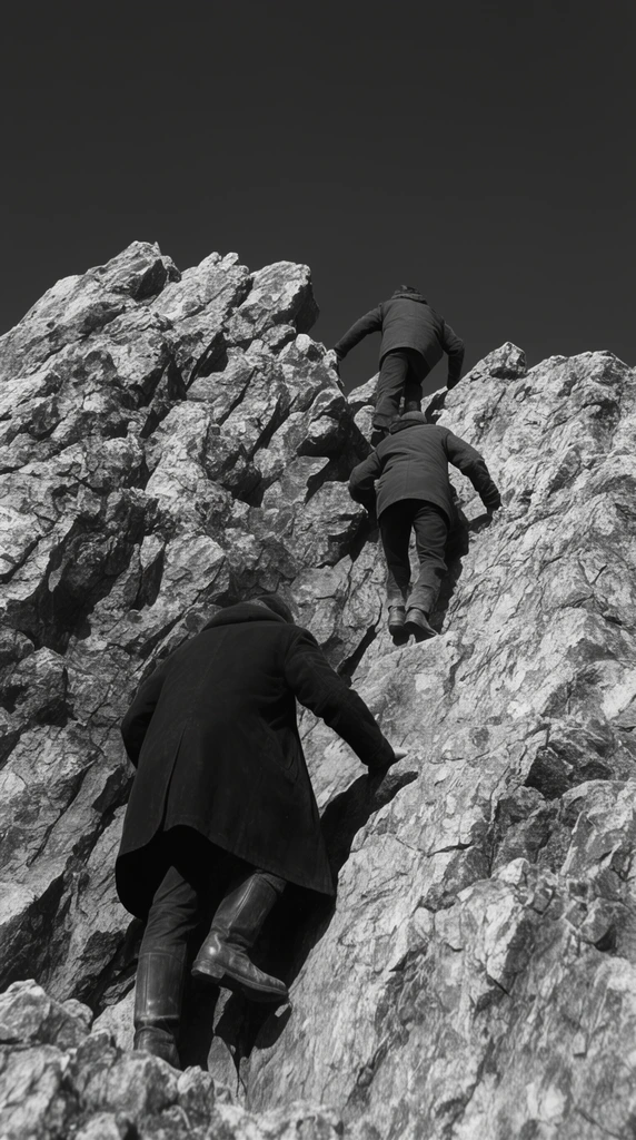 Three figures scramble up a steep, jagged rock formation beneath a solid dark sky. Shot from a low angle in high-contrast black and white, the rugged stone textures dominate the frame. The lowest climber wears a heavy dark coat, following two others nearing the peak.