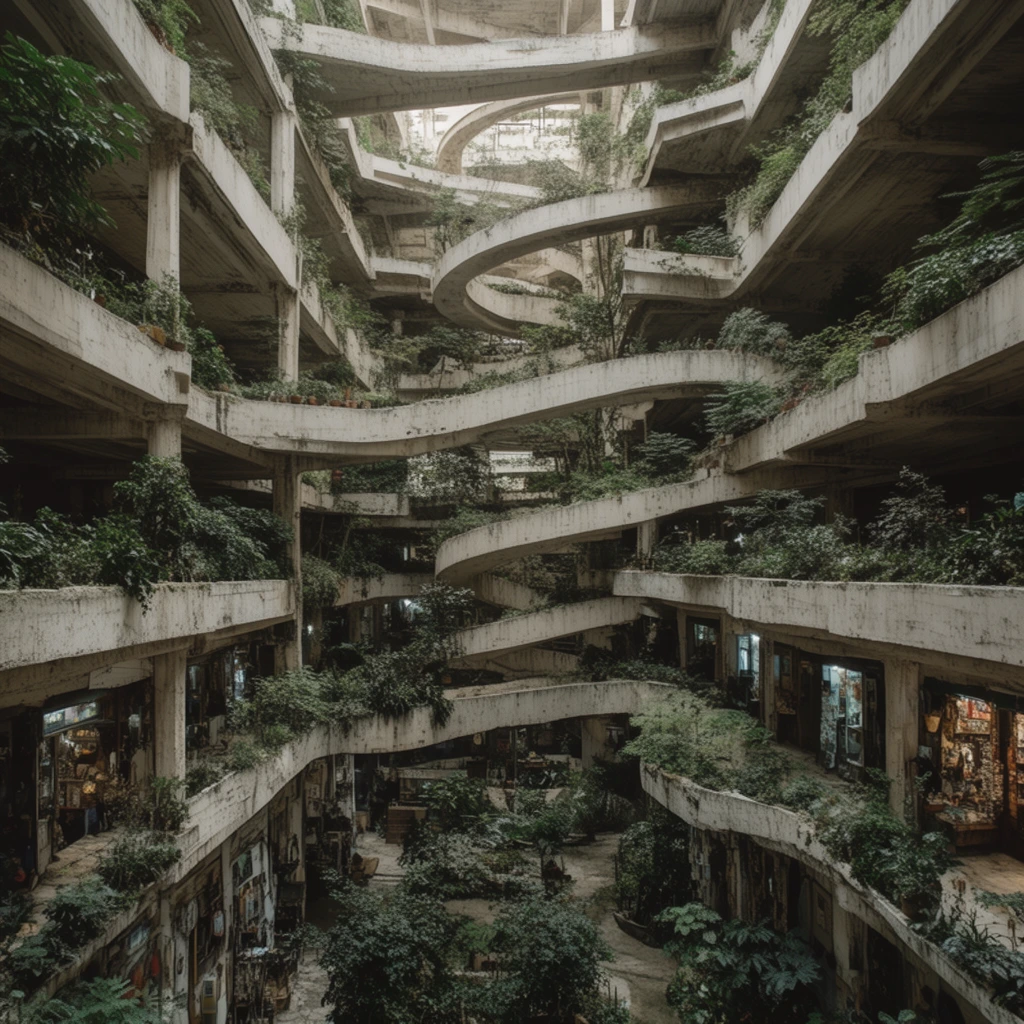 A sprawling, multi-tiered brutalist concrete structure heavily overgrown with lush greenery forms a complex, labyrinthine atrium. The architecture is characterized by thick, horizontal concrete floor slabs and vertical support columns, creating a series of open galleries or terraces on numerous levels. Winding, ribbon-like concrete ramps spiral upward through the center of the vast space, connecting the various floors. Every level is densely populated with a variety of plants, shrubs, and small trees, spilling over the edges of the concrete balconies and filling the recessed areas. The ground floor level reveals glimpses of what appear to be cluttered, dimly lit shops or dwellings nestled beneath the massive concrete overhangs, some displaying objects in window-like openings. The lighting is diffused, filtering down from an unseen opening high above, casting soft shadows and highlighting the textural contrast between the rough, pale gray concrete and the vibrant, dark green foliage. The composition is a straight-on, symmetrical view looking deep into the heart of the structure, emphasizing its immense scale and intricate, repetitive geometry.
