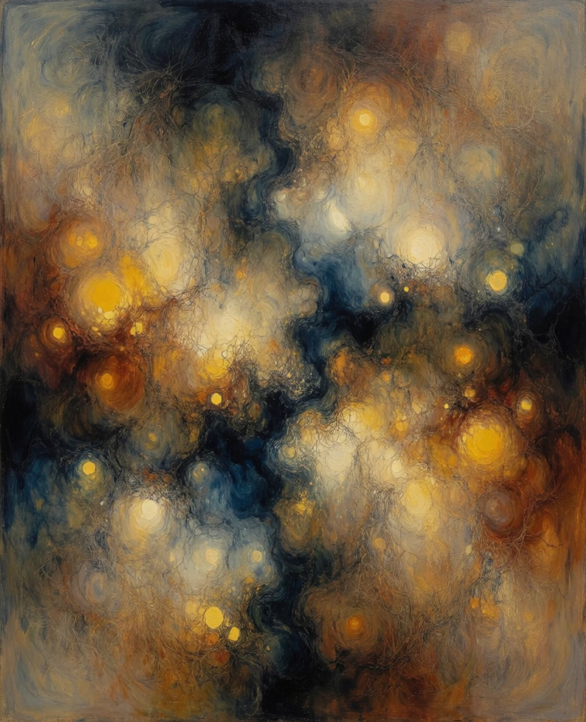 An abstract oil painting features a dense, swirling composition of earth tones, deep blues, and luminous yellows, creating a heavily textured and atmospheric visual field. The central portion is dominated by a vertical, dark blue and black channel that winds through patches of golden ochre, burnt sienna, and cream. Bright, circular yellow highlights are scattered throughout the composition, particularly concentrated on the left and right sides, resembling glowing embers or light filtering through a thick medium. The brushwork is highly intricate, displaying fine, swirling strokes and layered applications of paint that suggest organic movement and geological depth. Darker, near-black tones frame the top and sides of the piece, intensifying the chiaroscuro effect against the lighter, golden sections. The texture appears thick and tactile, with fine, hairlike lines etched into the surface, contributing to an weathered, mineral-like appearance. The color palette is grounded in warm browns and oranges, providing a stark contrast to the cold, dark recesses of the navy and black regions. The composition is entirely non-representational, focusing on the interplay of light, shadow, and complex surface detail within a vertical frame.