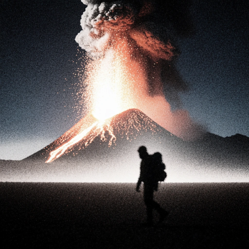 high contrast monochrome black and white photography, heavy film grain, stippled texture, a lone hiker with a backpack silhouette walking across a desolate volcanic landscape, an erupting volcano in the background spewing glowing luminous lava and ash clouds, ethereal light halos, soft focus edges, grainy radiant details, vast flat horizon line, minimalist composition, deep crushed blacks and blown-out whites, mystical atmospheric quality, grainy analog film aesthetic, cinematic glow.