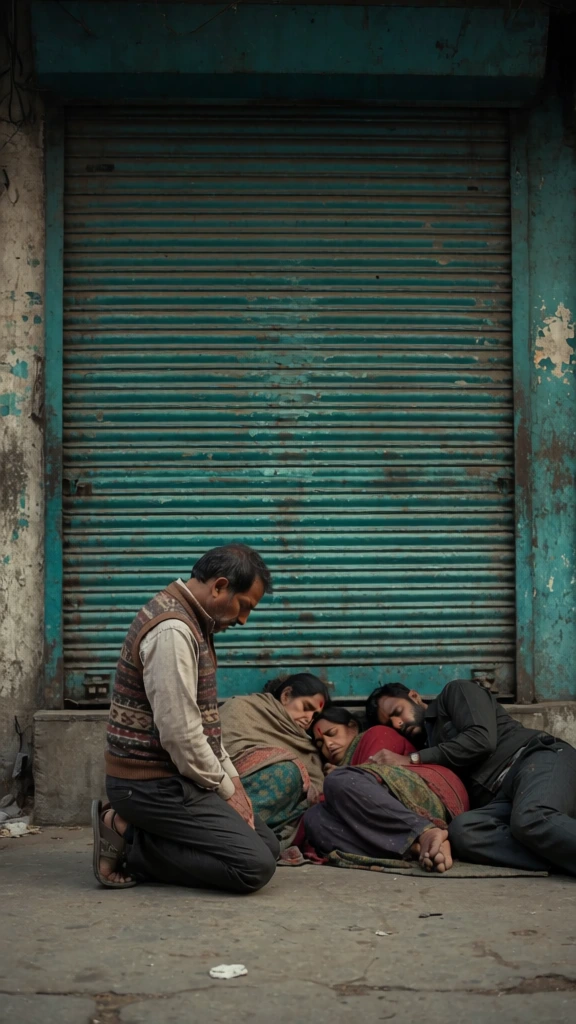 cinematic street photography, gritty urban setting, teal weathered metal rolling shutter background, concrete pavement, high contrast lighting, desaturated earthy tones, sharp focus on a central kneeling man, emotional social realism, ghosting motion blur effects of pedestrians passing in the foreground, three sleeping adults huddled on the ground at the kneeling man's feet, raw textures, documentary aesthetic, moody atmosphere, cinematic composition, low angle