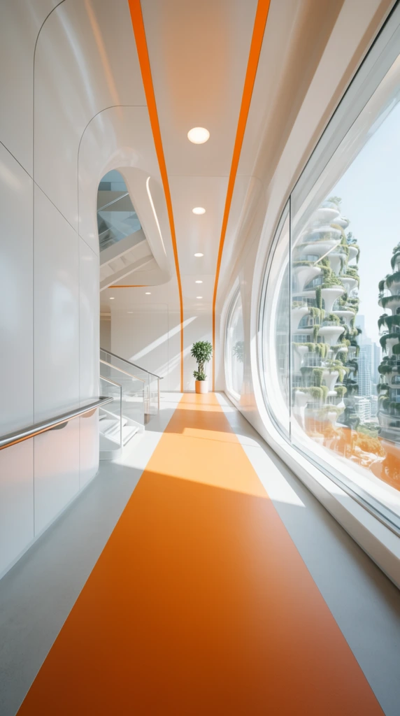A brilliantly lit, futuristic corridor featuring a sleek minimalist white and vibrant orange aesthetic. A wide matte orange pathway runs down the light gray floor toward a distant potted plant. The left wall is clad in smooth, curved white paneling with a metallic handrail and an adjoining modern staircase with transparent balustrades. Expansive outward-curving glass windows line the right side, revealing a bright cityscape of pod-like architectural towers draped in cascading greenery. The smooth ceiling includes recessed circular lighting and parallel orange accent stripes. Intense natural daylight floods the pristine space, casting sharp geometric shadows across the glossy and matte surfaces.