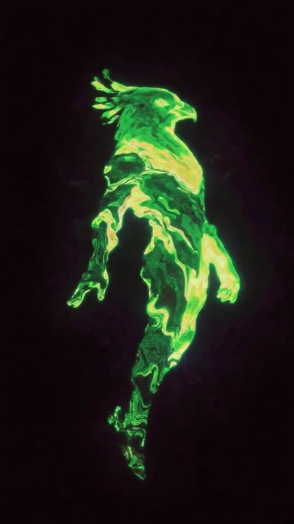 hybrid creature with a slender humanoid body and the majestic head of a crested bird, floating in a vast black void, rendered in a striking bioluminescent lime green and yellowish-green palette, featuring fluid distorted textures resembling liquid glass or molten light, ethereal glowing edges with soft bloom, rippling organic contours, shimmering internal highlights, a dreamlike psychedelic aesthetic with high-contrast neon luminescence, evoking surreal cosmic mysticism and digital distortion