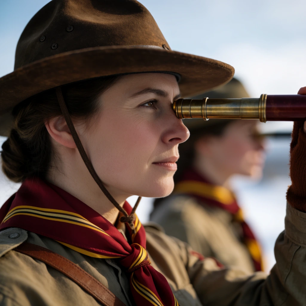 Scouter View Close-up profile of a female scout looking through a... | Krea